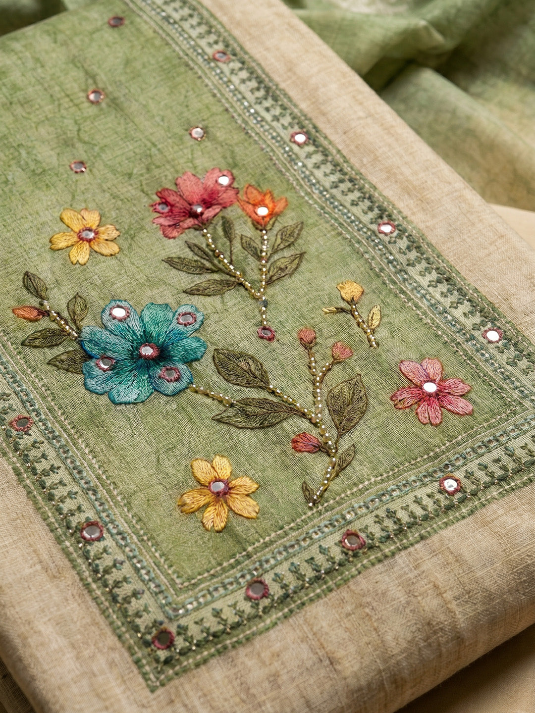 Pista Green Embroidered Chanderi Unstitched Suit With Pant &amp; Dupatta