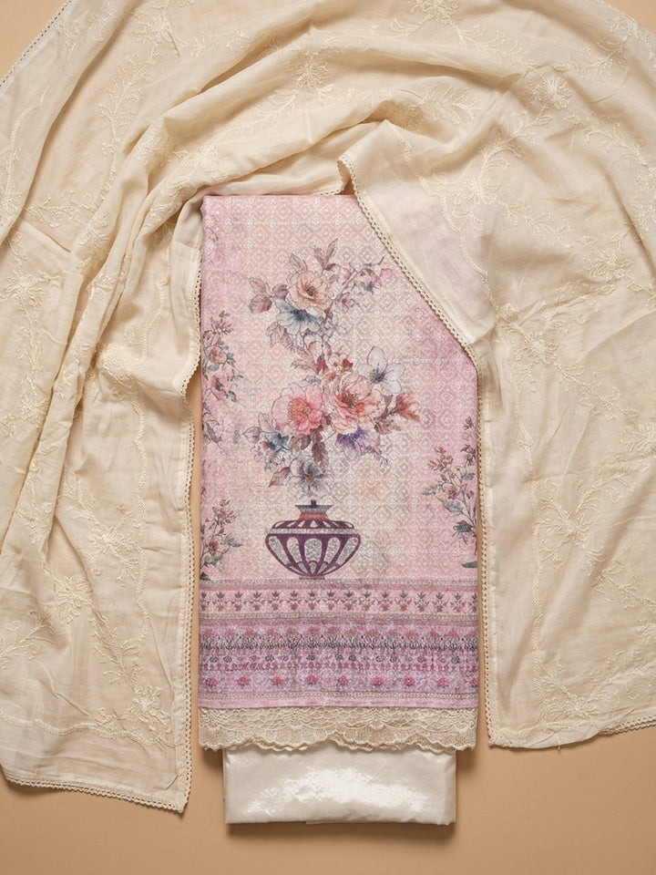 Off White Printed Cotton Blend Unstitched Suit With Pant &amp; Dupatta