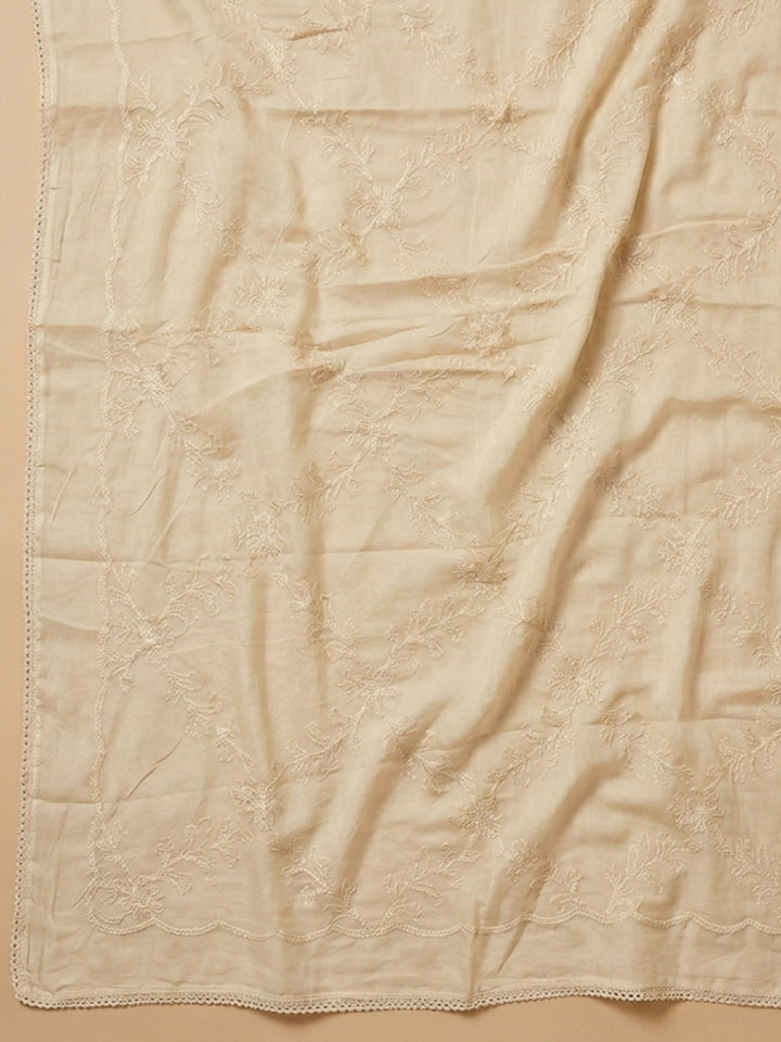 Off White Printed Cotton Blend Unstitched Suit With Pant &amp; Dupatta