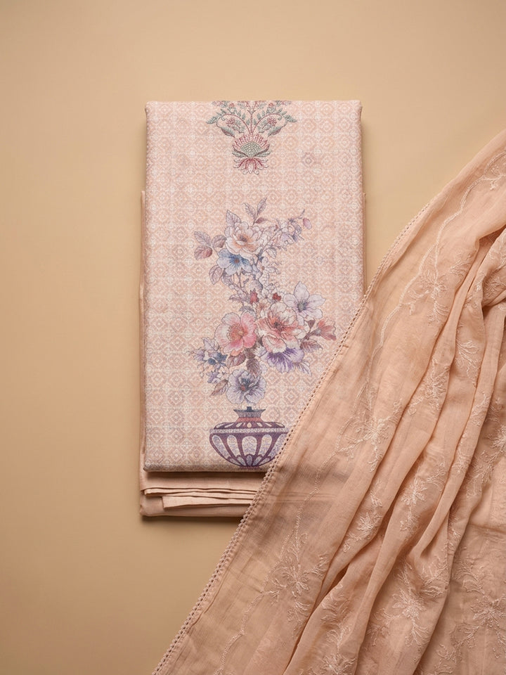 Peach Printed Cotton Blend Unstitched Suit With Pant &amp; Dupatta