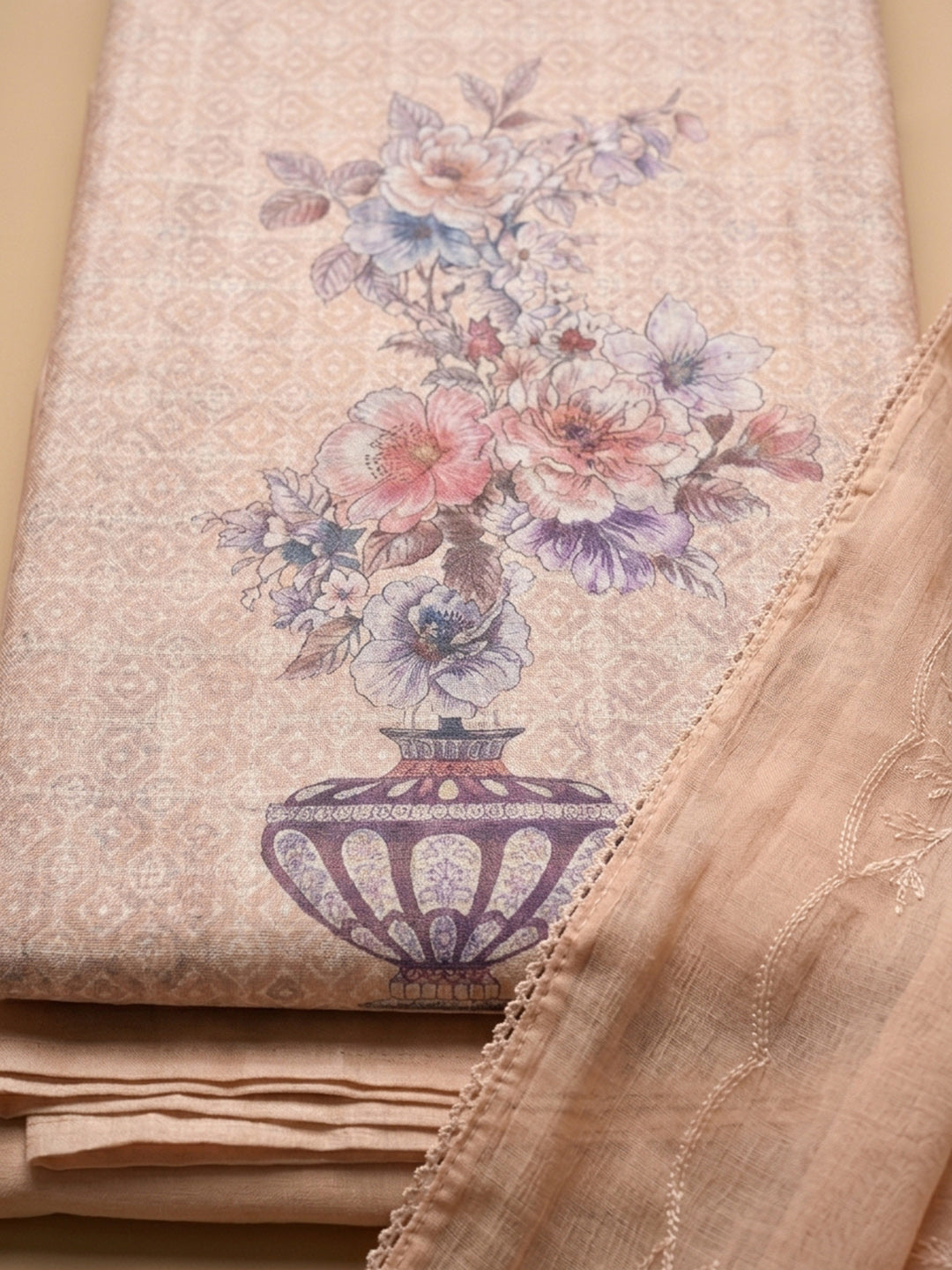 Peach Printed Cotton Blend Unstitched Suit With Pant &amp; Dupatta