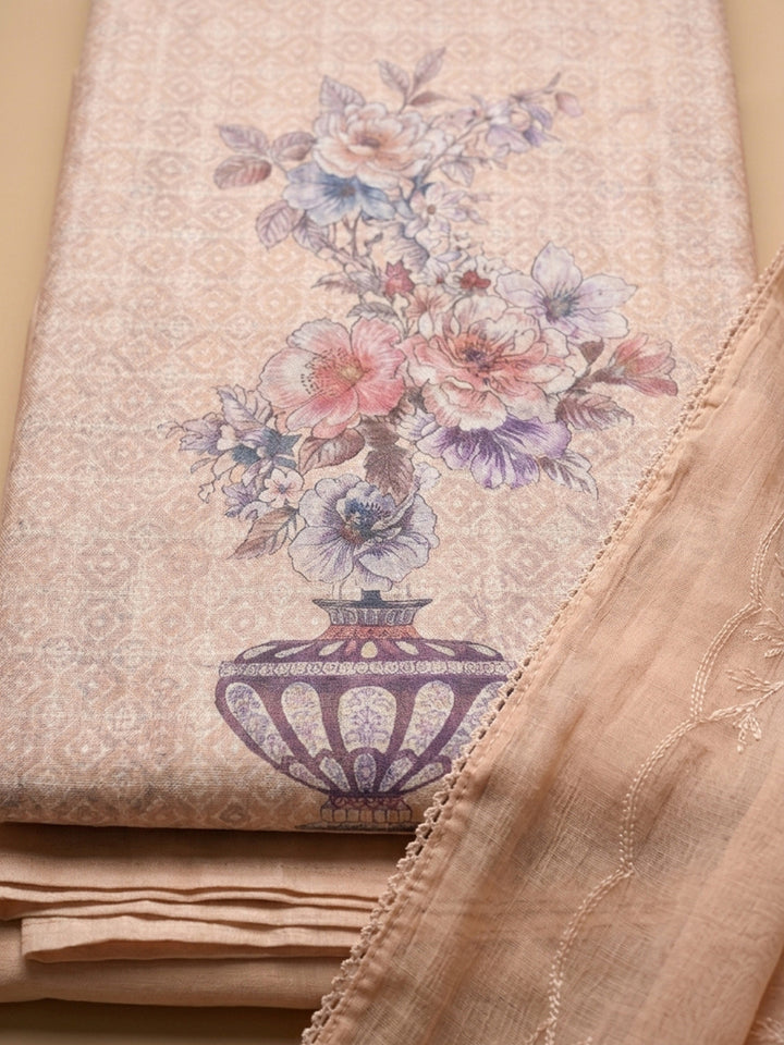 Peach Printed Cotton Blend Unstitched Suit With Pant &amp; Dupatta
