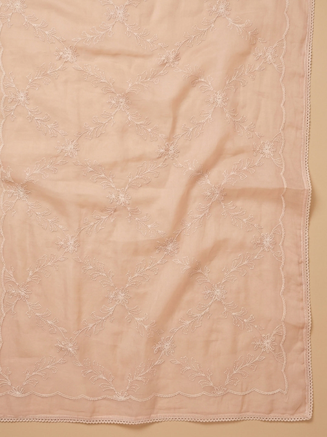 Peach Printed Cotton Blend Unstitched Suit With Pant &amp; Dupatta