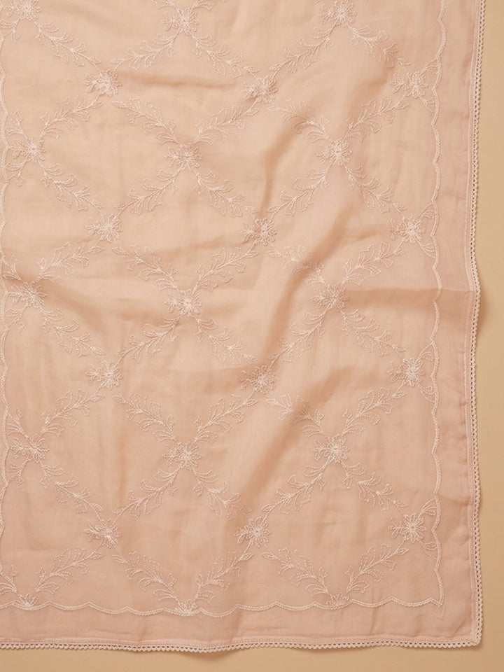 Peach Printed Cotton Blend Unstitched Suit With Pant &amp; Dupatta