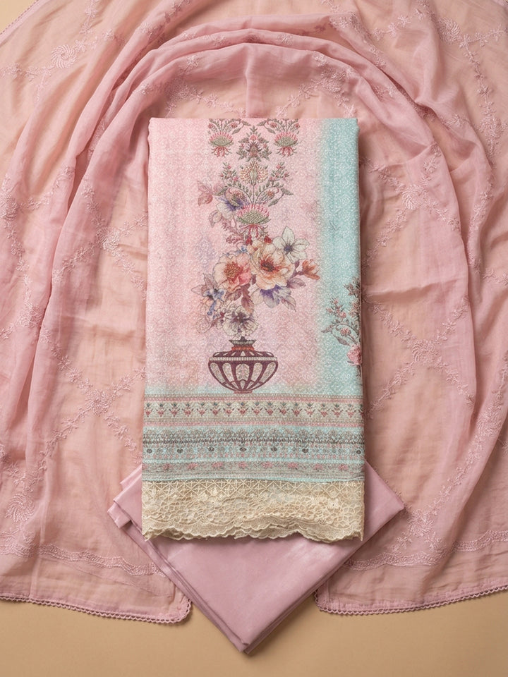 Pink Printed Cotton Blend Unstitched Suit With Pant &amp; Dupatta