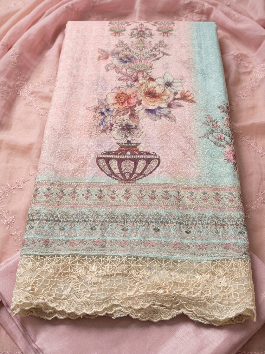 Pink Printed Cotton Blend Unstitched Suit With Pant &amp; Dupatta