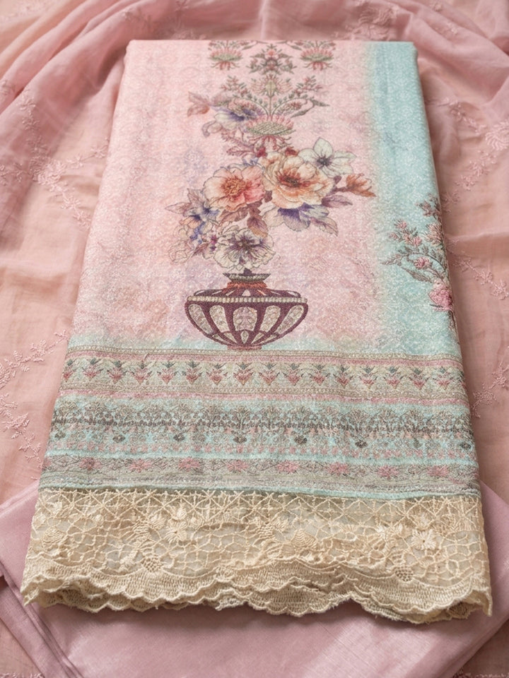 Pink Printed Cotton Blend Unstitched Suit With Pant &amp; Dupatta