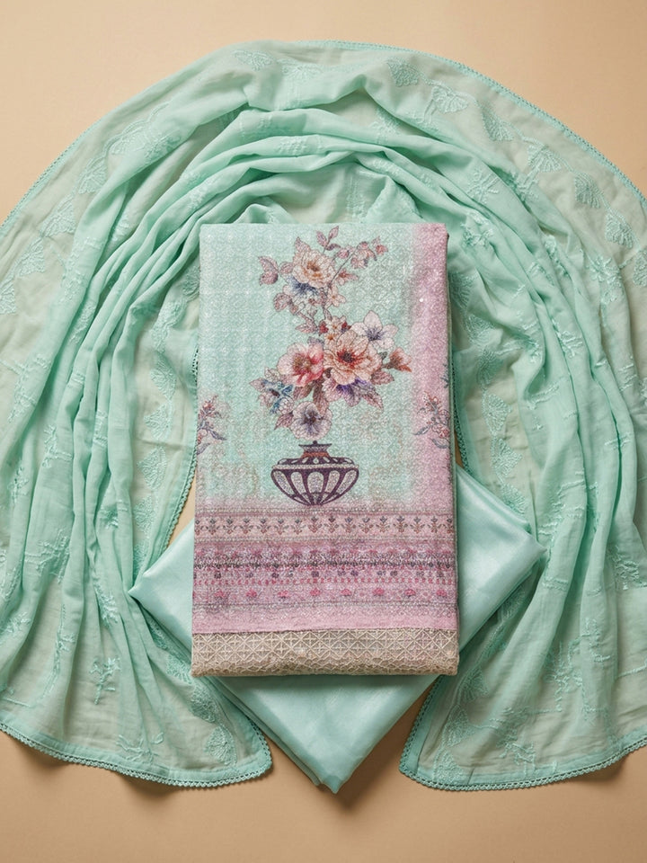 Sea Green Printed Cotton Blend Unstitched Suit With Pant &amp; Dupatta