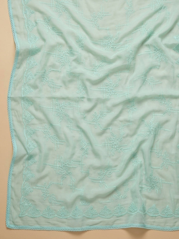 Sea Green Printed Cotton Blend Unstitched Suit With Pant &amp; Dupatta