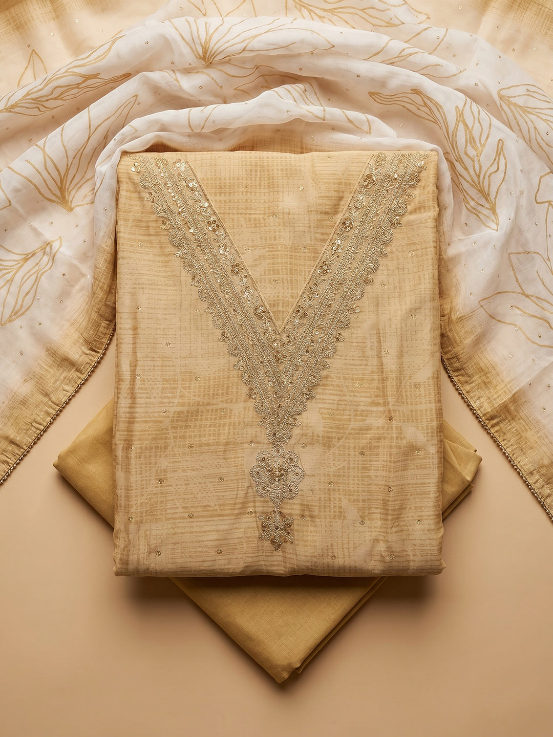 Mustard Embroidered Cotton Blend Unstitched Suit With Pant &amp; Dupatta