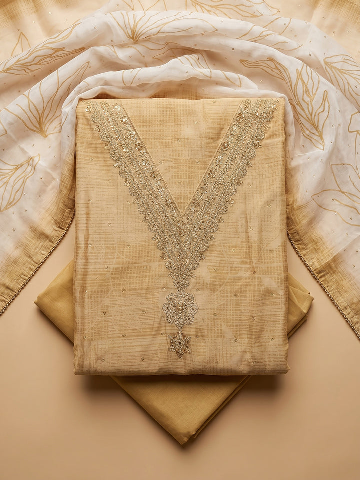 Mustard Embroidered Cotton Blend Unstitched Suit With Pant &amp; Dupatta