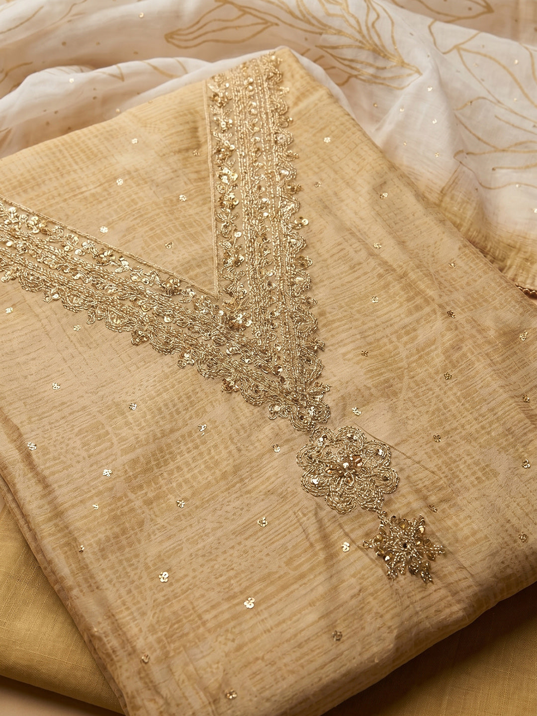 Mustard Embroidered Cotton Blend Unstitched Suit With Pant &amp; Dupatta