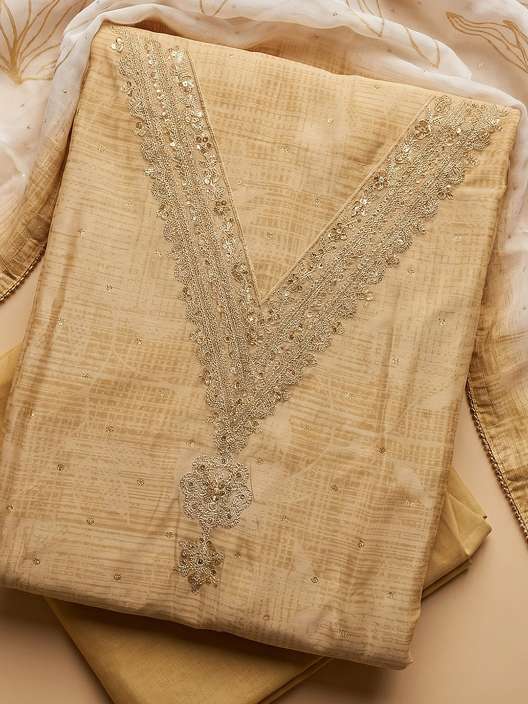Mustard Embroidered Cotton Blend Unstitched Suit With Pant &amp; Dupatta