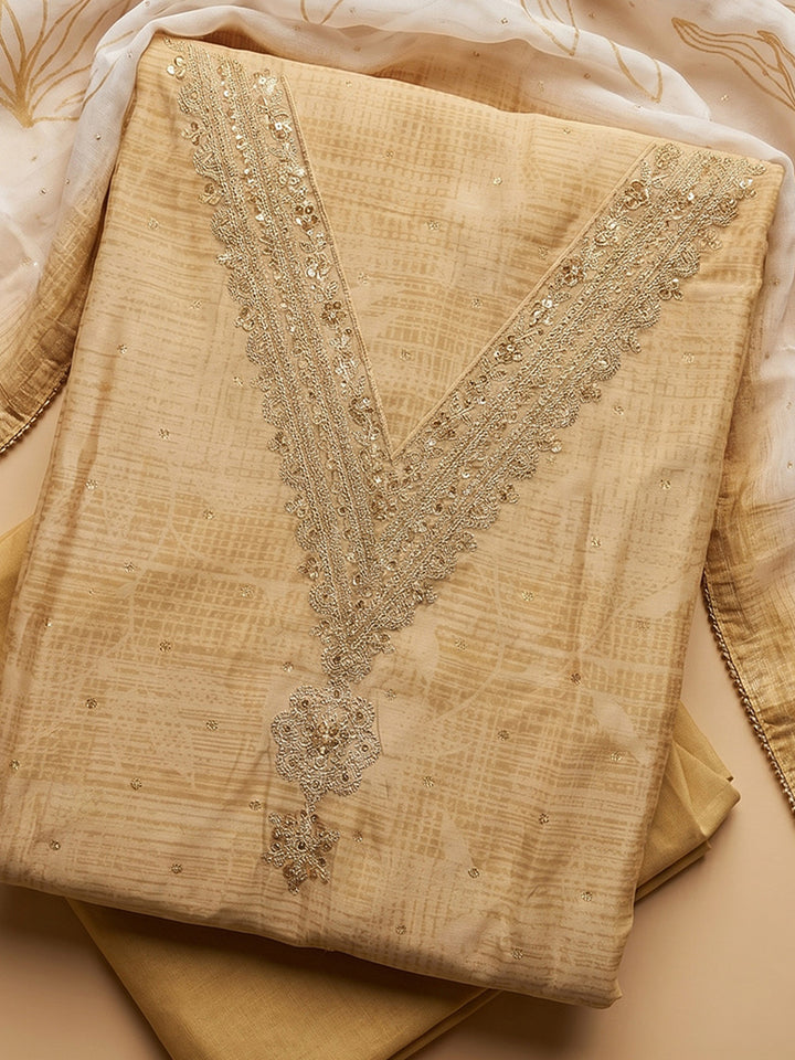 Mustard Embroidered Cotton Blend Unstitched Suit With Pant &amp; Dupatta