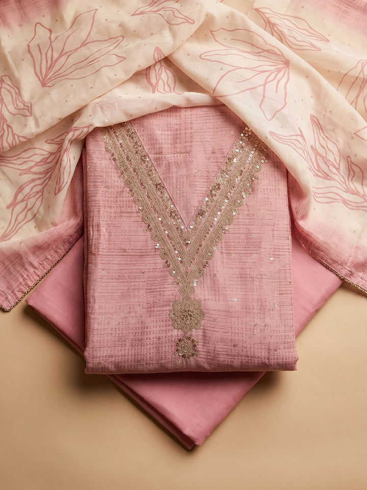 Pink Embroidered Cotton Blend Unstitched Suit With Pant &amp; Dupatta