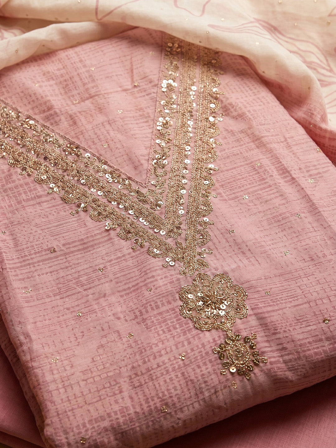 Pink Embroidered Cotton Blend Unstitched Suit With Pant &amp; Dupatta