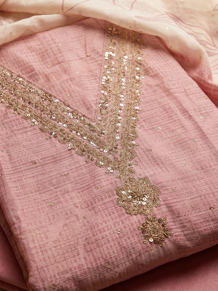 Pink Embroidered Cotton Blend Unstitched Suit With Pant &amp; Dupatta