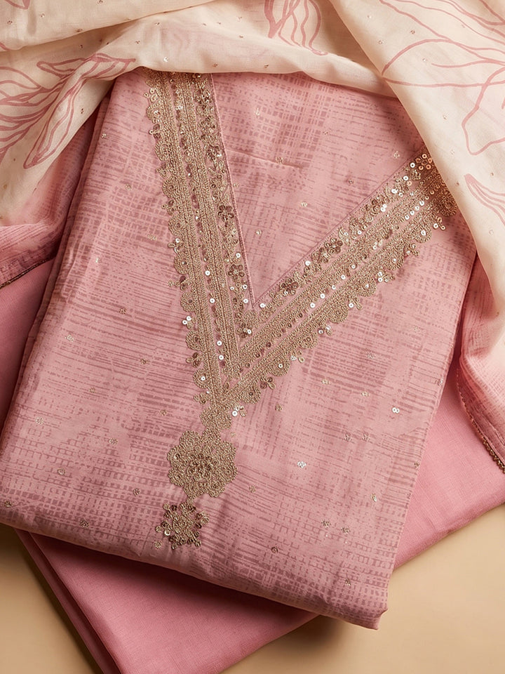 Pink Embroidered Cotton Blend Unstitched Suit With Pant &amp; Dupatta