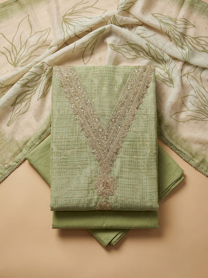 Pista Green Embroidered Cotton Blend Unstitched Suit With Pant &amp; Dupatta