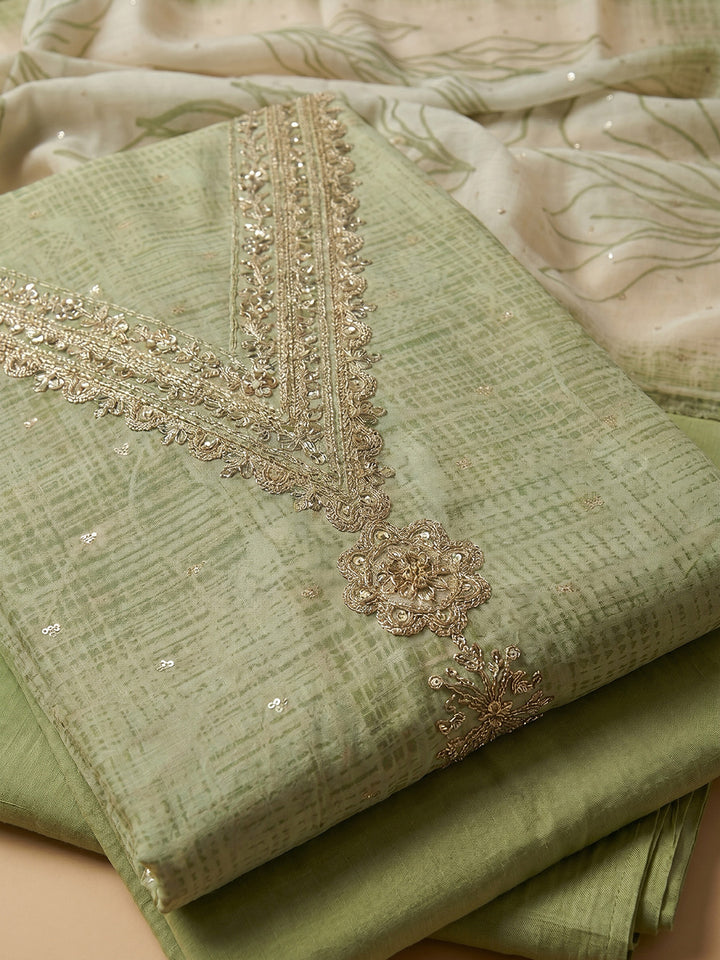 Pista Green Embroidered Cotton Blend Unstitched Suit With Pant &amp; Dupatta