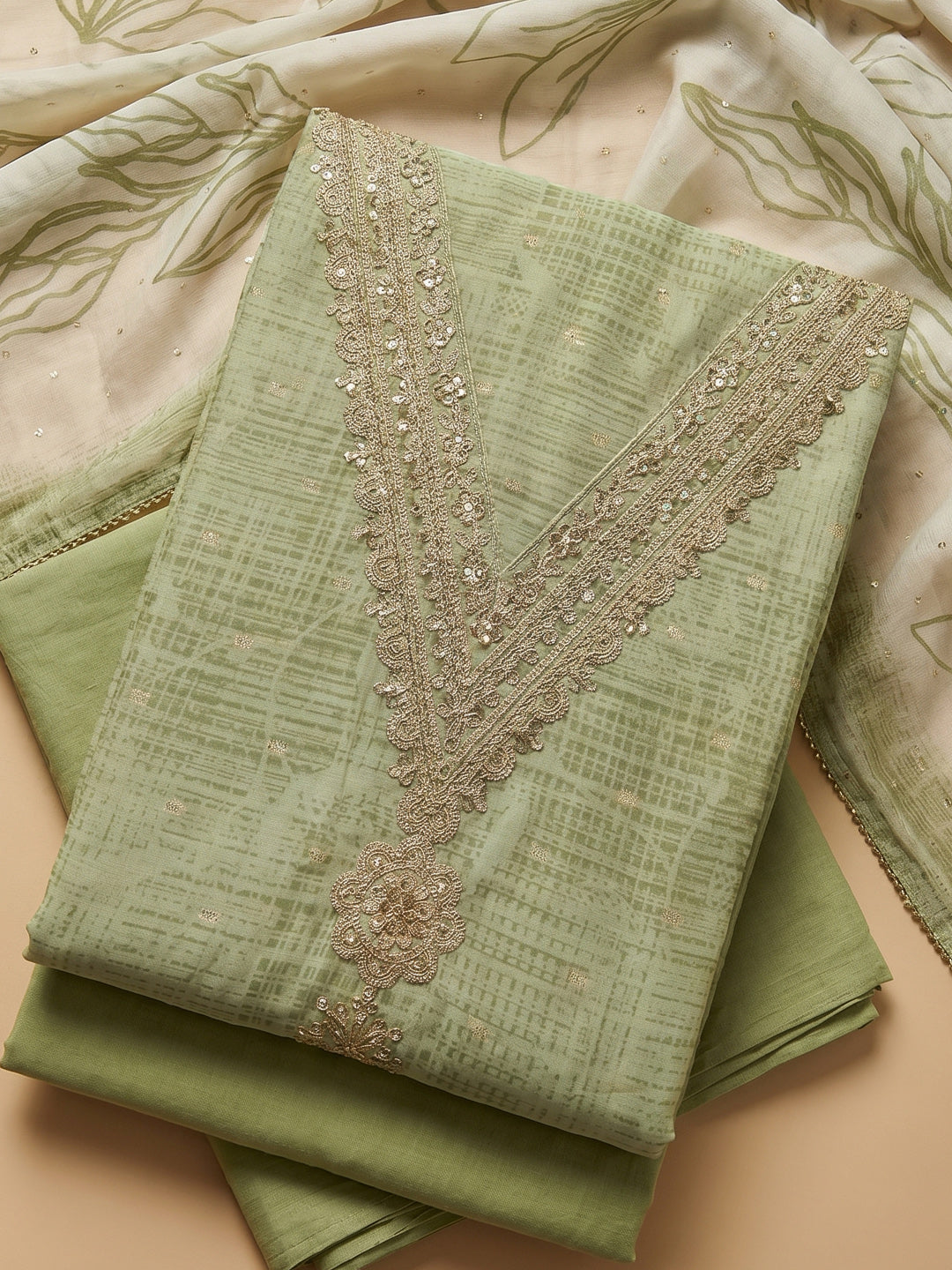 Pista Green Embroidered Cotton Blend Unstitched Suit With Pant &amp; Dupatta