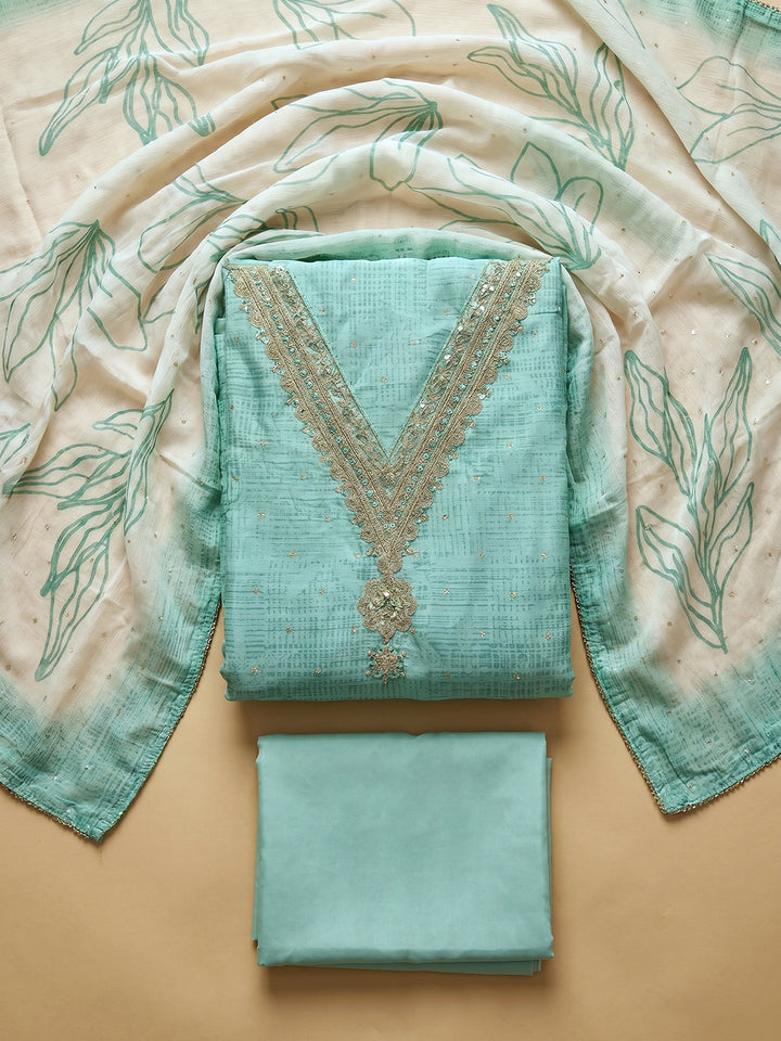 Rama Green Embroidered Cotton Blend Unstitched Suit With Pant &amp; Dupatta