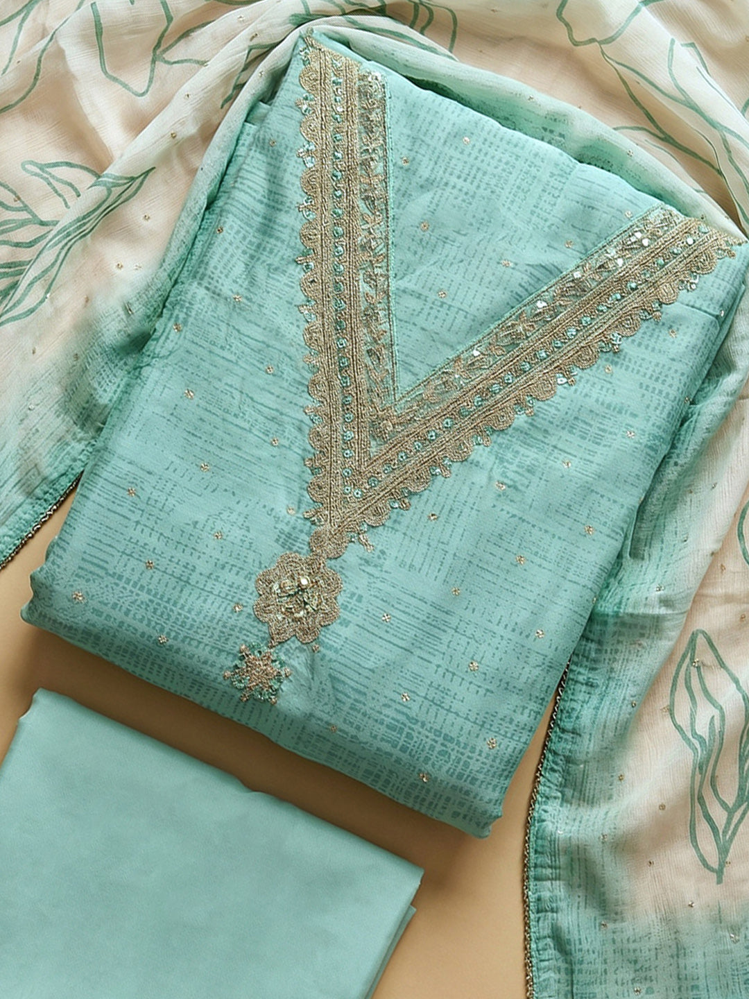 Rama Green Embroidered Cotton Blend Unstitched Suit With Pant &amp; Dupatta