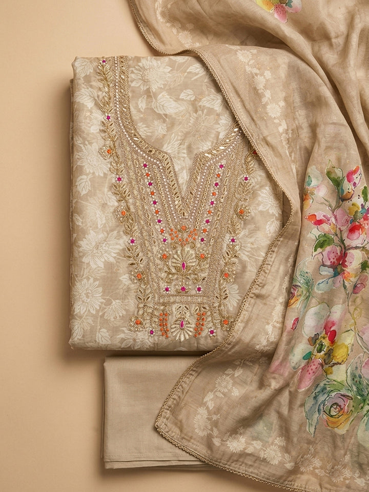 Beige Embroidered Chanderi Unstitched Suit &amp; Pant With Chanderi Dupatta