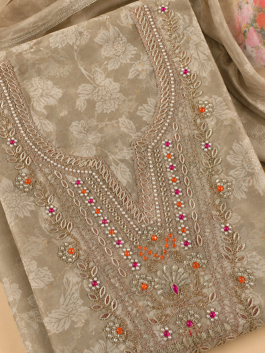 Beige Embroidered Chanderi Unstitched Suit &amp; Pant With Chanderi Dupatta