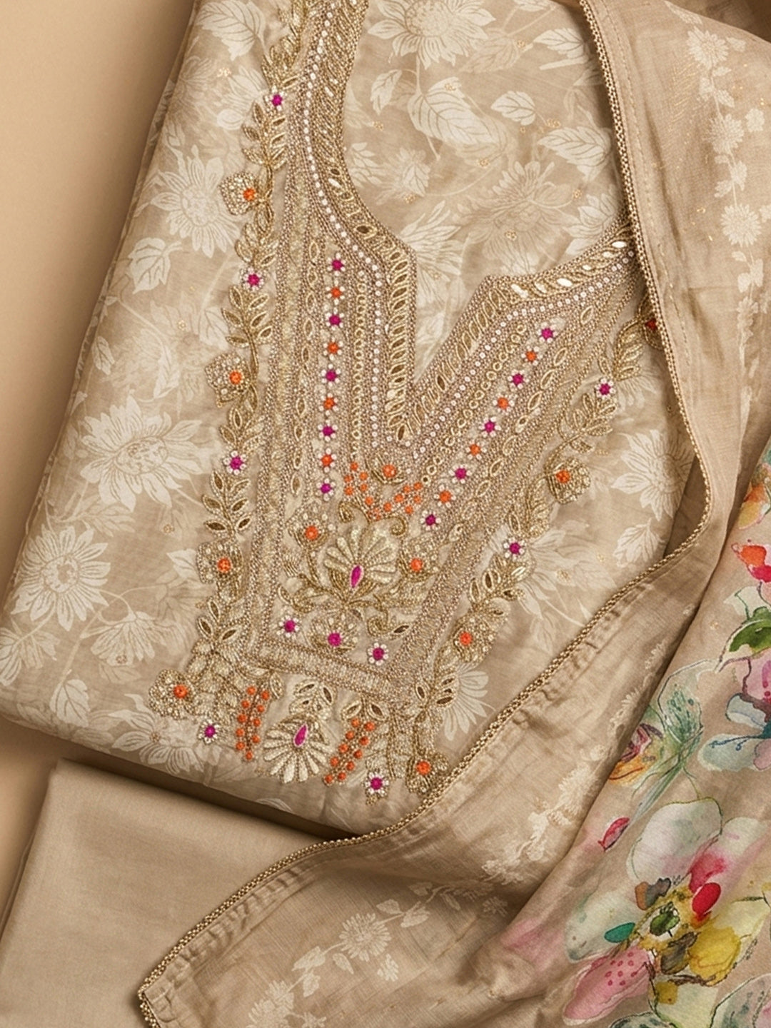 Beige Embroidered Chanderi Unstitched Suit &amp; Pant With Chanderi Dupatta