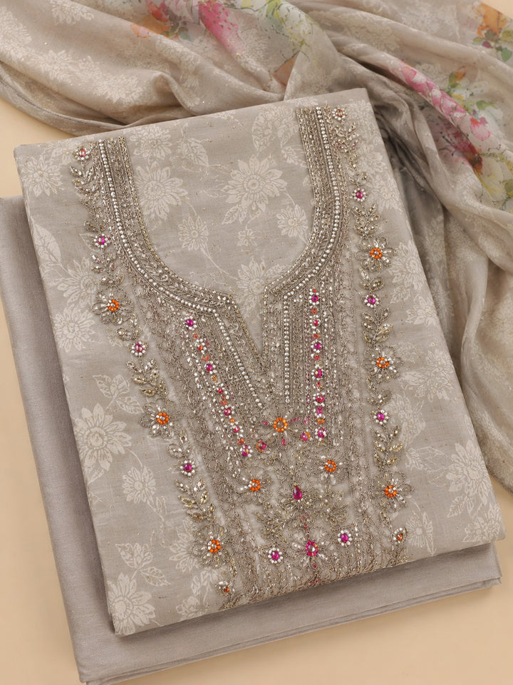 Cream Embroidered Chanderi Unstitched Suit &amp; Pant With Chanderi Dupatta