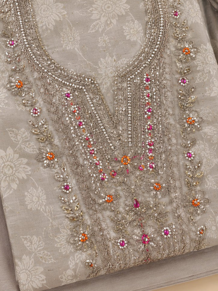 Cream Embroidered Chanderi Unstitched Suit &amp; Pant With Chanderi Dupatta