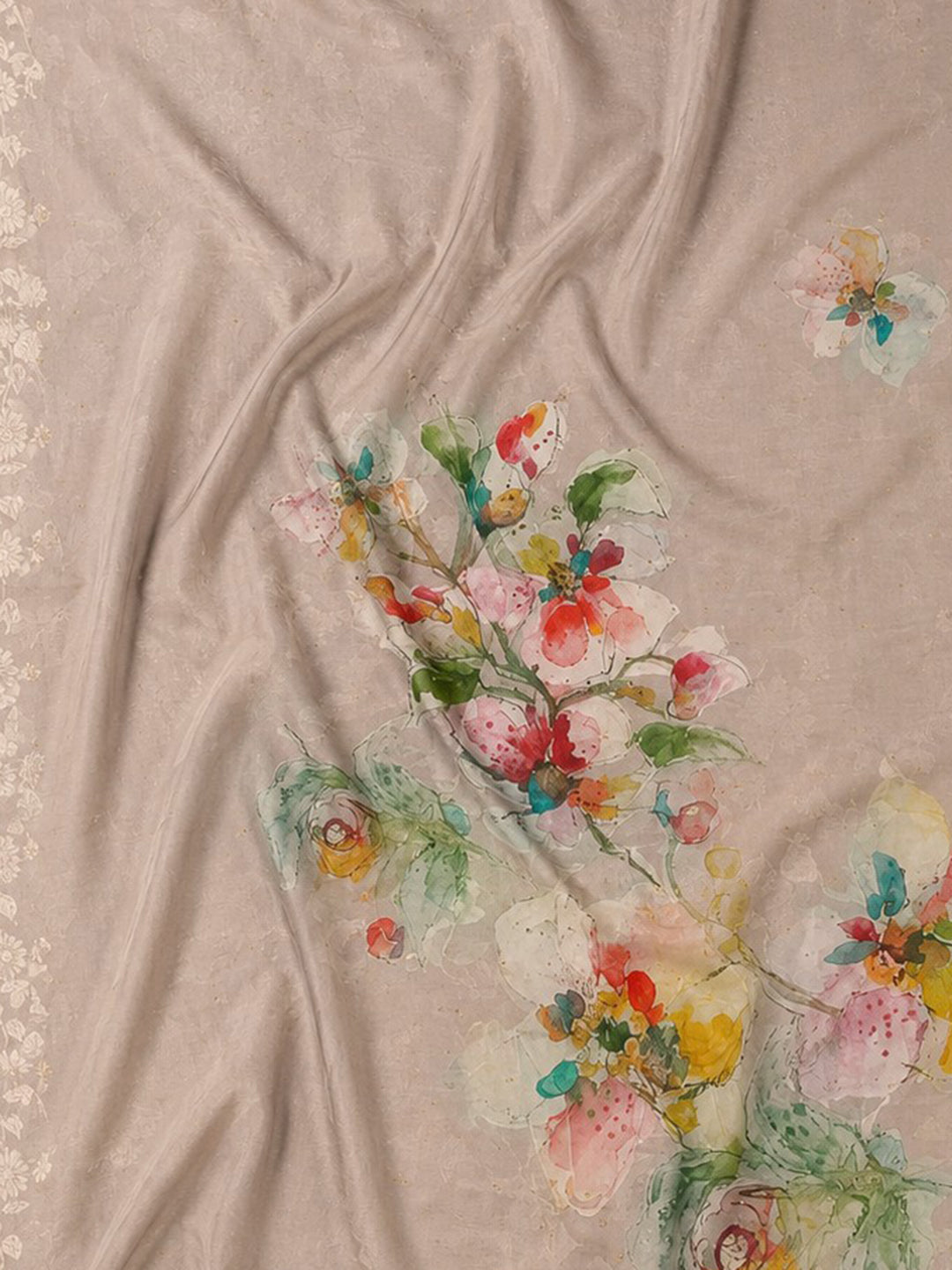 Cream Embroidered Chanderi Unstitched Suit &amp; Pant With Chanderi Dupatta