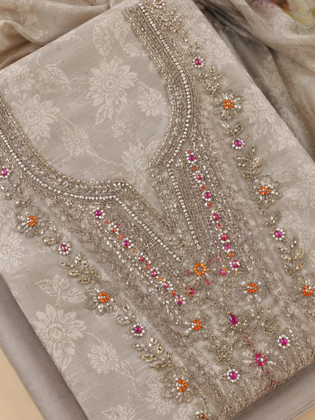Cream Embroidered Chanderi Unstitched Suit &amp; Pant With Chanderi Dupatta