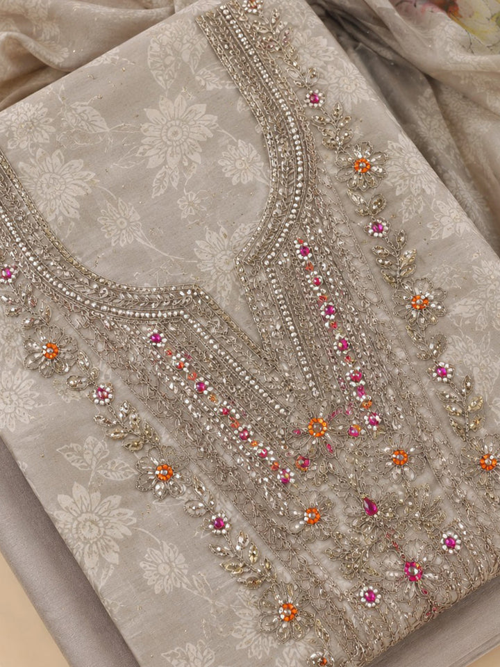 Cream Embroidered Chanderi Unstitched Suit &amp; Pant With Chanderi Dupatta