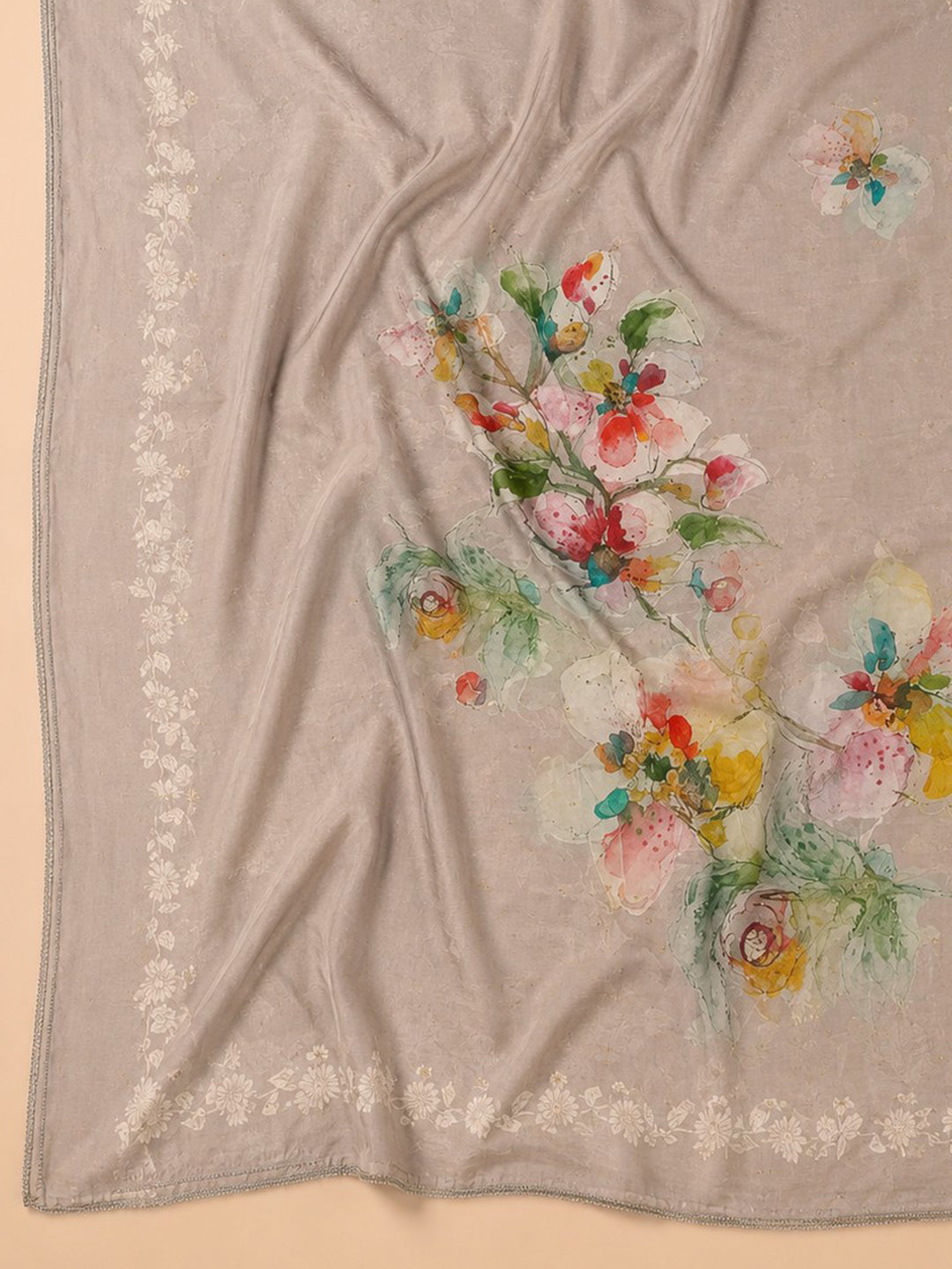 Cream Embroidered Chanderi Unstitched Suit &amp; Pant With Chanderi Dupatta