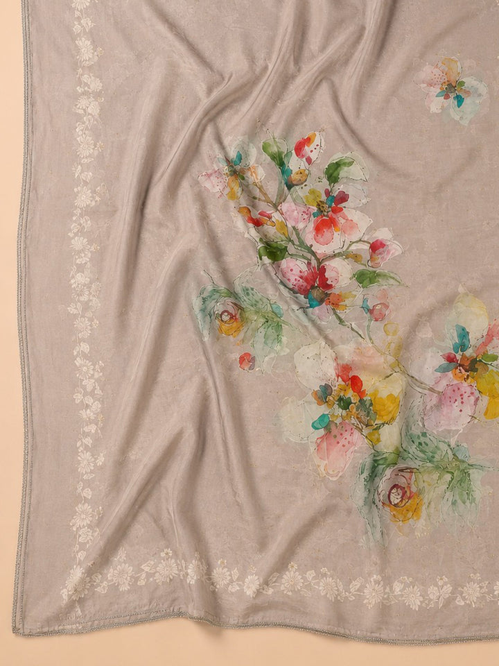 Cream Embroidered Chanderi Unstitched Suit &amp; Pant With Chanderi Dupatta