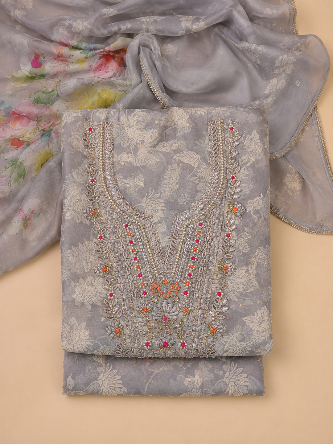 Grey Embroidered Chanderi Unstitched Suit &amp; Pant With Chanderi Dupatta