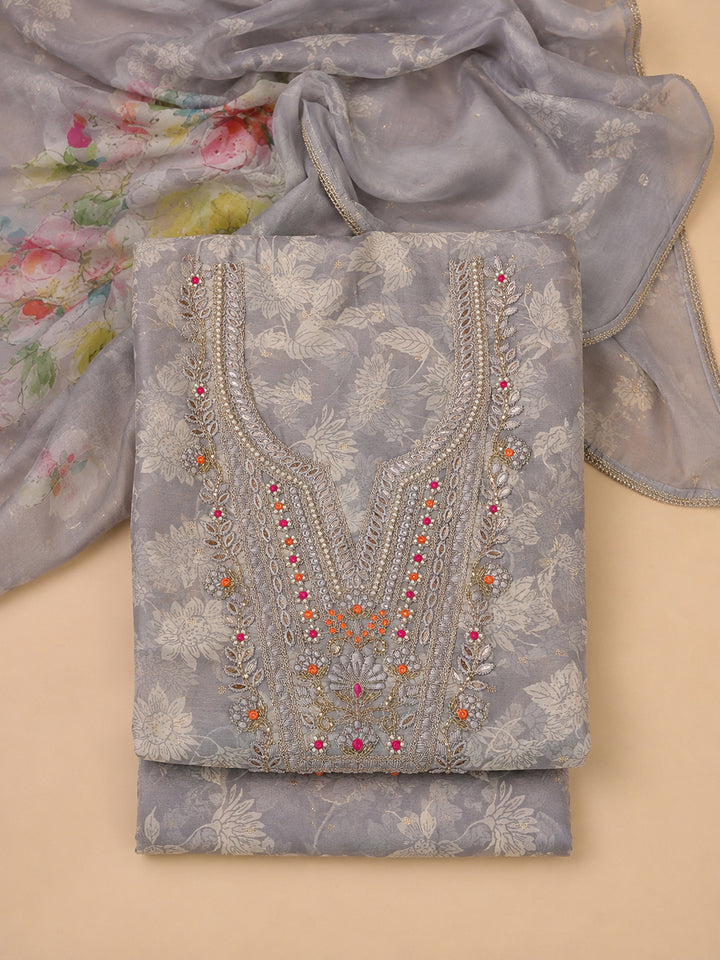 Grey Embroidered Chanderi Unstitched Suit &amp; Pant With Chanderi Dupatta
