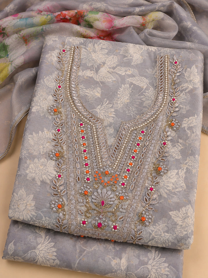 Grey Embroidered Chanderi Unstitched Suit &amp; Pant With Chanderi Dupatta