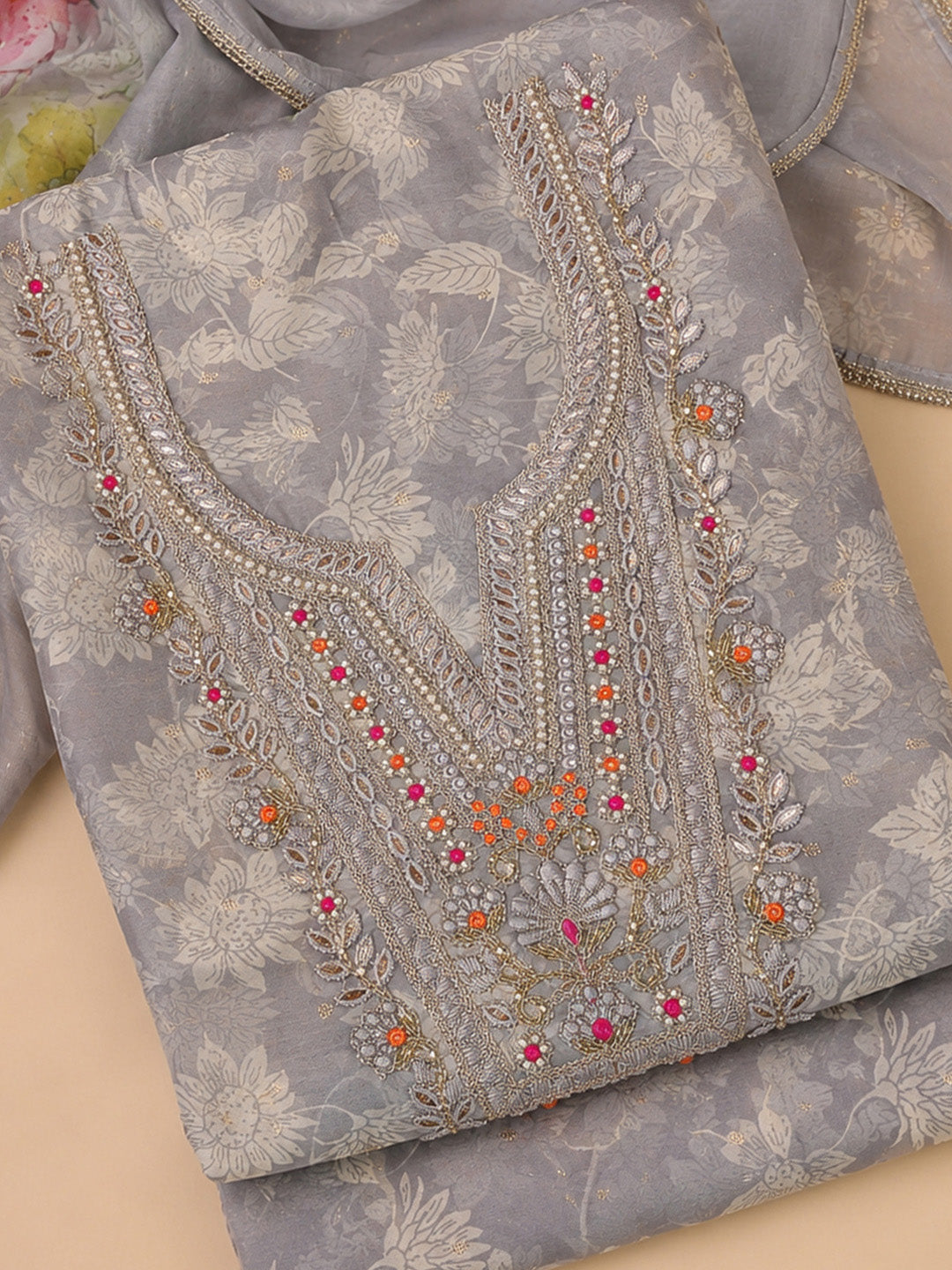 Grey Embroidered Chanderi Unstitched Suit &amp; Pant With Chanderi Dupatta