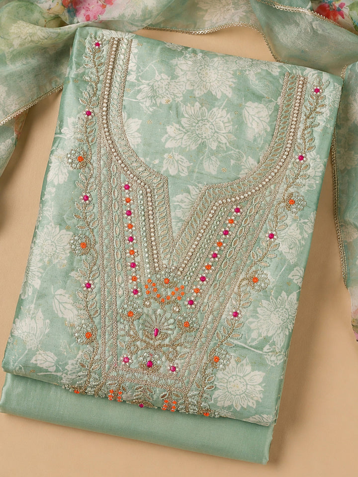 Sea Green Embroidered Chanderi Unstitched Suit &amp; Pant With Chanderi Dupatta