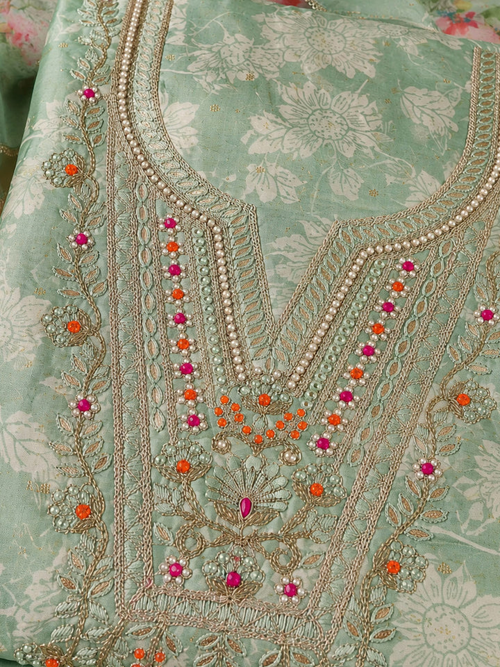 Sea Green Embroidered Chanderi Unstitched Suit &amp; Pant With Chanderi Dupatta