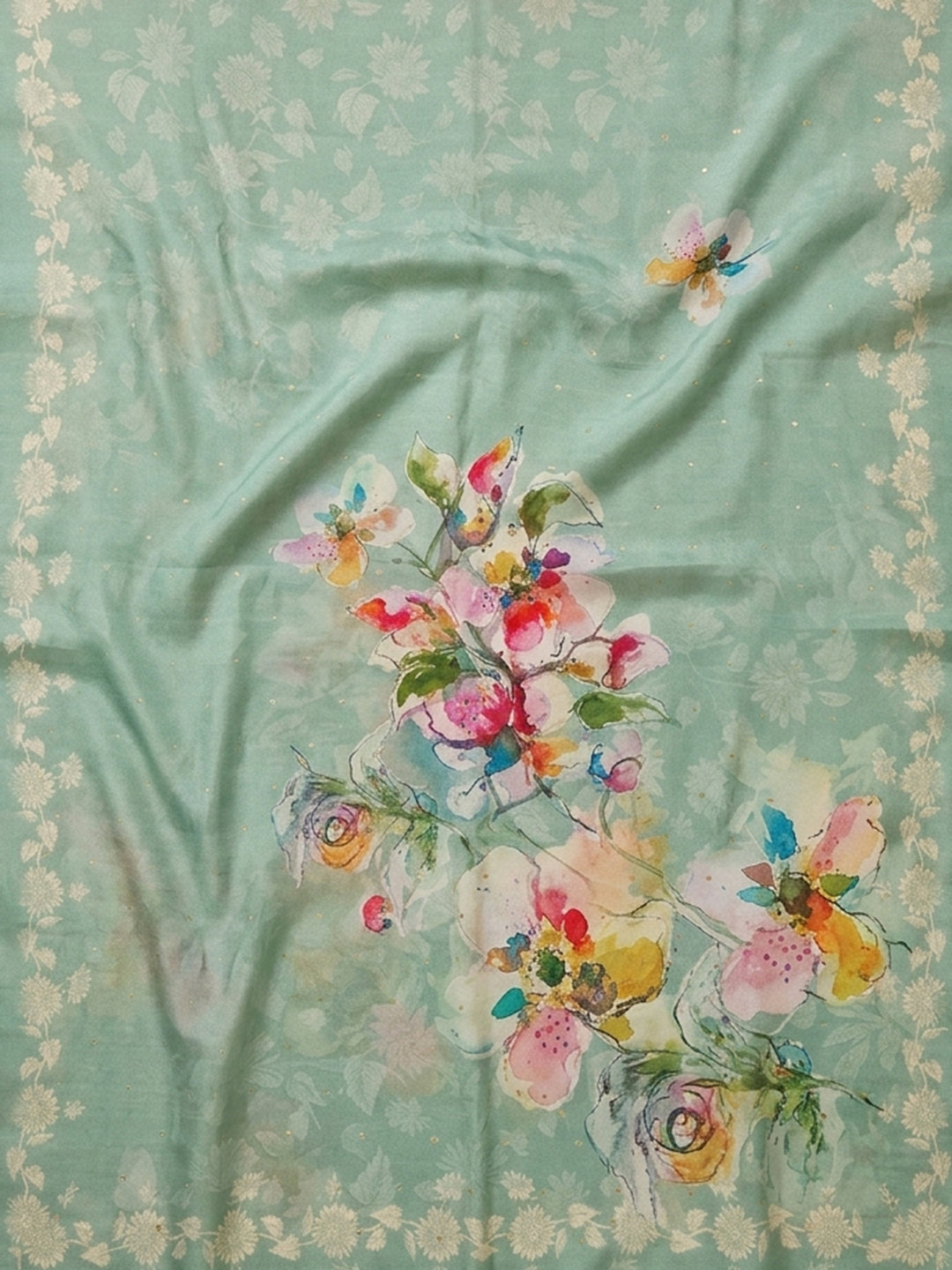 Sea Green Embroidered Chanderi Unstitched Suit &amp; Pant With Chanderi Dupatta