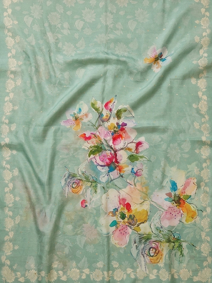 Sea Green Embroidered Chanderi Unstitched Suit &amp; Pant With Chanderi Dupatta