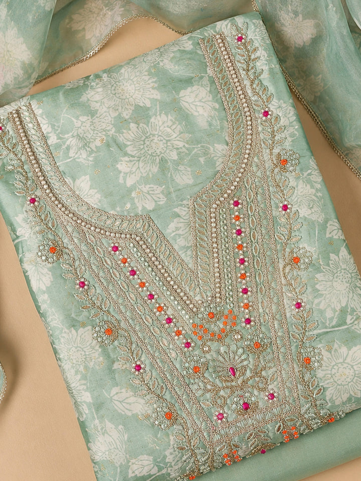 Sea Green Embroidered Chanderi Unstitched Suit &amp; Pant With Chanderi Dupatta