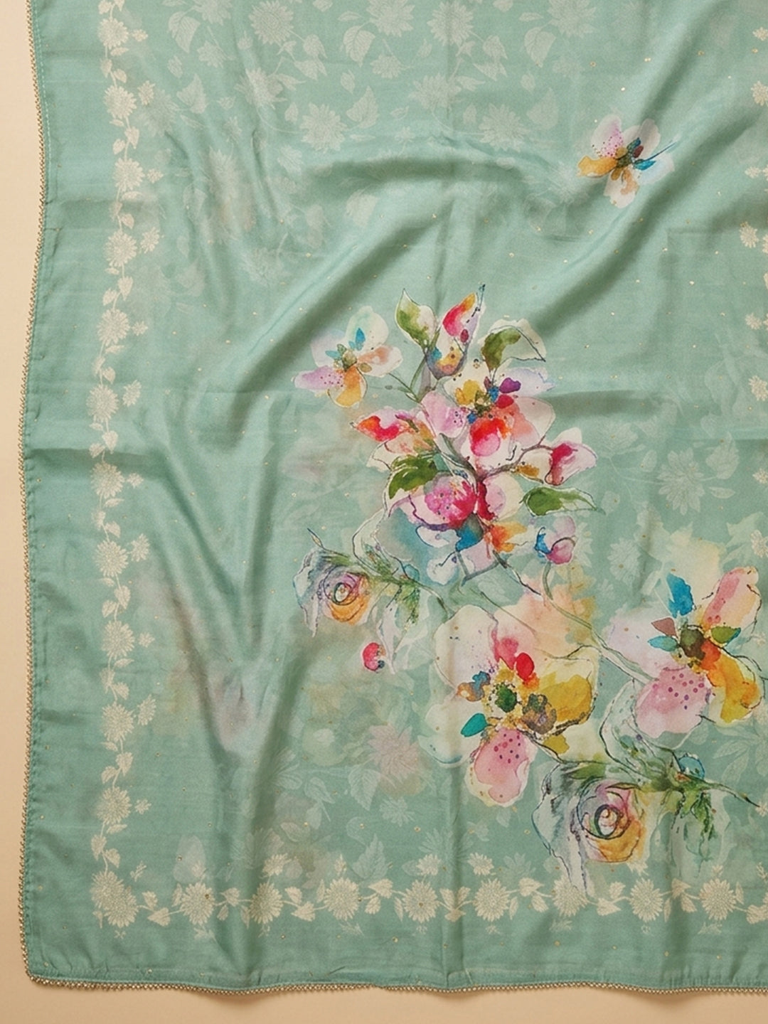 Sea Green Embroidered Chanderi Unstitched Suit &amp; Pant With Chanderi Dupatta