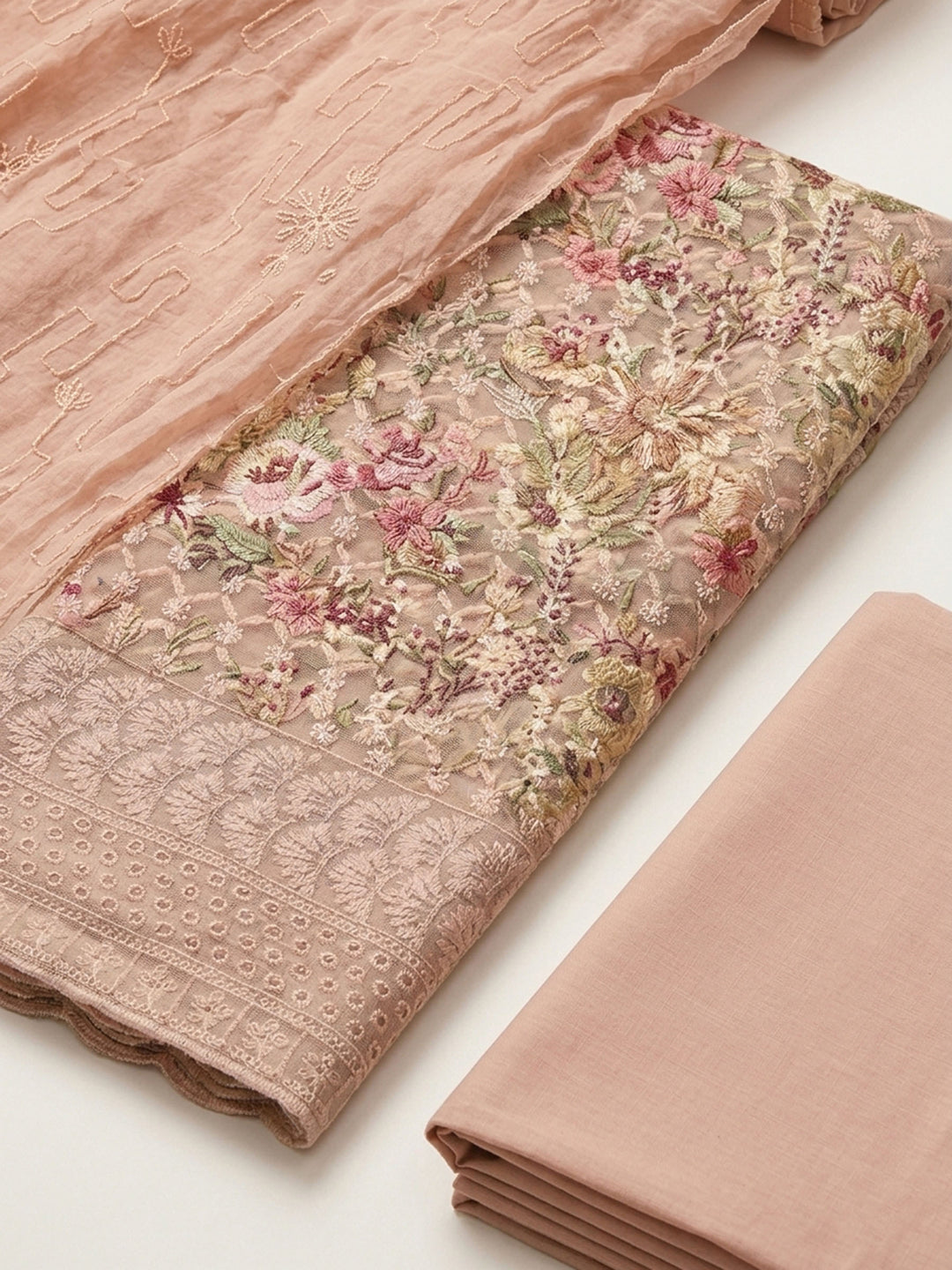 Peach Printed Cotton Blend Unstitched Suit &amp; Pant With Cotton Dupatta