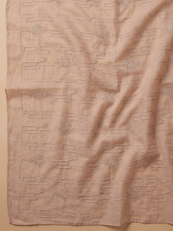 Peach Printed Cotton Blend Unstitched Suit &amp; Pant With Cotton Dupatta