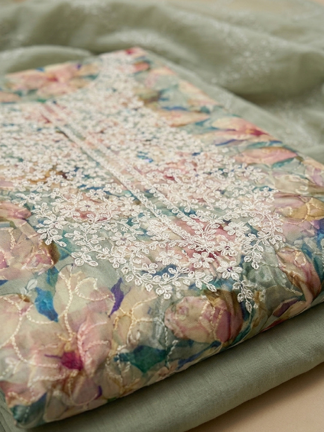 Aqua Green Printed Cotton Blend Unstitched Suit With Pant &amp; Dupatta